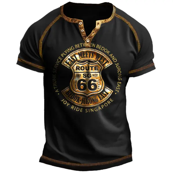Men's Vintage Route 66 Henley Neck T-Shirt - Elementnice.com 