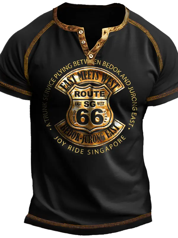 Men's Vintage Route 66 Henley Neck T-Shirt - Menbarn.com 
