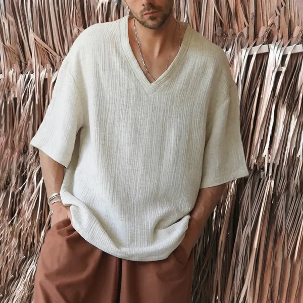 Men's Holiday Linen V-neck Short Sleeve Shirt - Nicheten.com 
