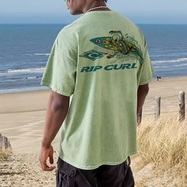 Oversized Men's Retro Surf Print Beach Vacation T-Shirt Green - Salolist.com 