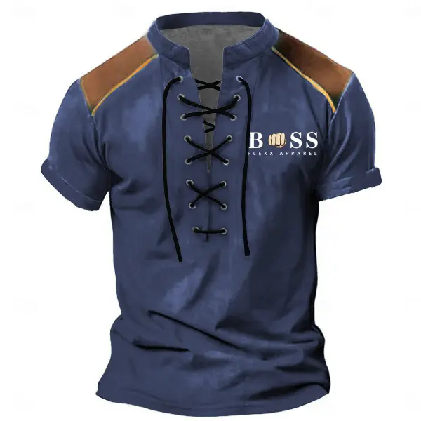 Men's T-Shirt Vintage Boss Lace-Up Stand Collar Short Sleeve Color Block Summer Daily Tops - Cotosen.com