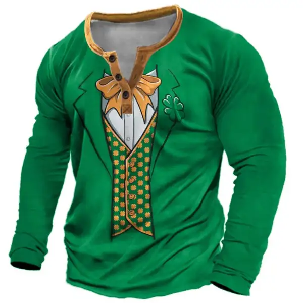 Men's Henley T-Shirt Leprechaun Tuxedo St. Patrick's Day Lucky Long Sleeve Tops - Anurvogel.com 