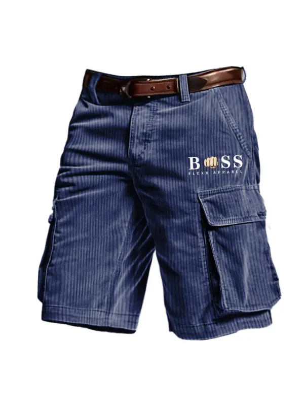 Men's Outdoor Vintage Boss Print Corduroy Multi Pocket Shorts - Anrider.com 