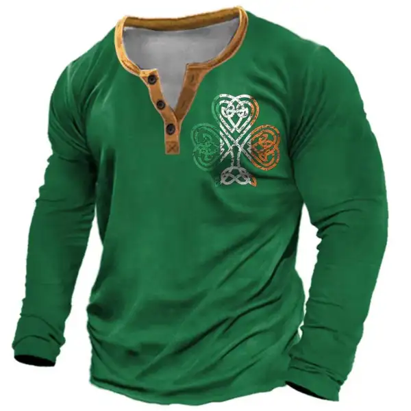 Men's Henley T-Shirt St. Patricks Day Shamrock Celtic Knot Lucky Long Sleeve Tops - Anurvogel.com 