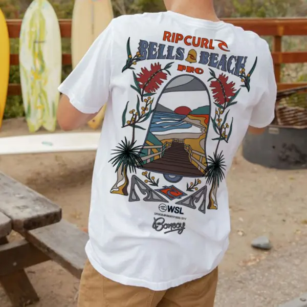 Men's Vintage Surf Bells Beach Print T-Shirt - Cotosen.com