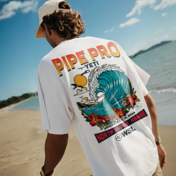 Oversized Men's Retro Surf 2024 Pipe Pro Print T-Shirt - Elementnice.com 