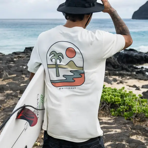 Men's Vintage Tee Surf Sand Palm Tree Print Beach Short Sleeve T-Shirt - Nicheten.com 