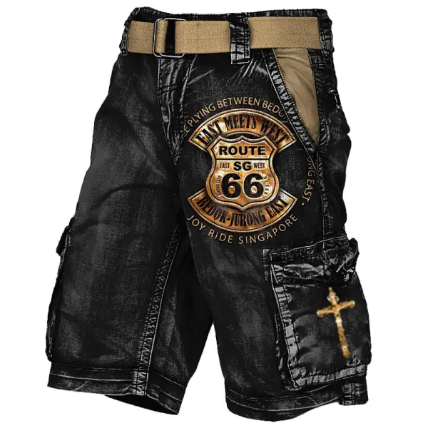 Route 66 Cross Men's Cargo Shorts Vintage Distressed Utility Outdoor Shorts - Manlyhost.com 