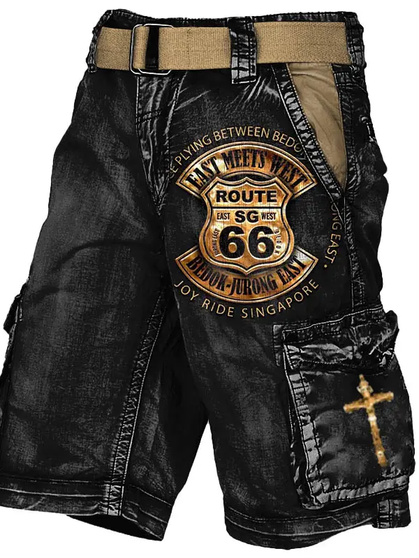 Route 66 Cross Men's Cargo Shorts Vintage Distressed Utility Outdoor Shorts - Menwyx.com 