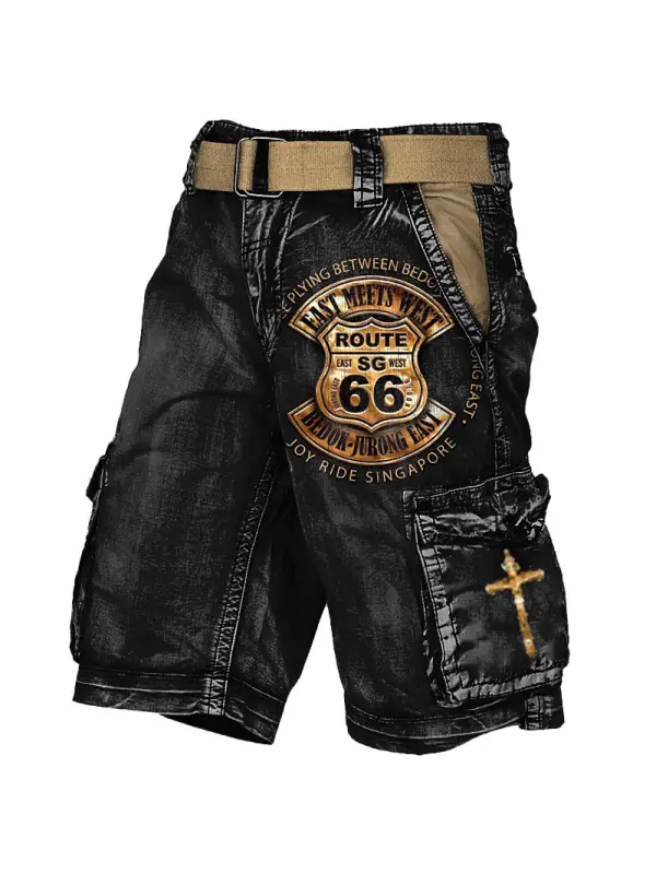 Route 66 Cross Men's Cargo Shorts Vintage Distressed Utility Outdoor Shorts - Ootdmw.com 