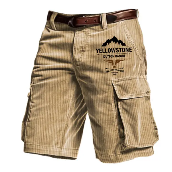 Men's Outdoor Vintage Yellowstone Print Corduroy Multi Pocket Shorts - Elementnice.com 