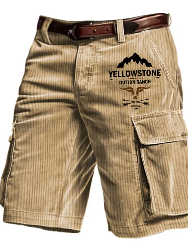 Men's Outdoor Vintage Yellowstone Print Corduroy Multi Pocket Shorts - Menwyx.com 