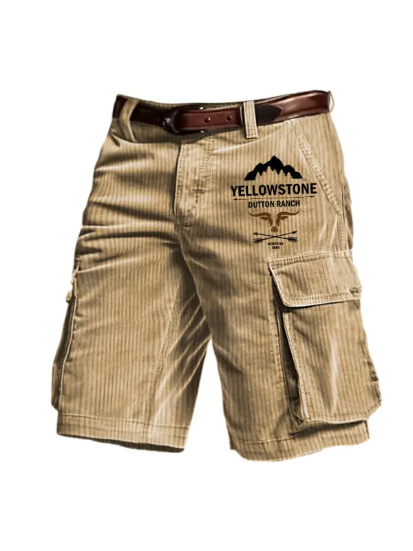 Men's Outdoor Vintage Yellowstone Print Corduroy Multi Pocket Shorts - Ootdmw.com 