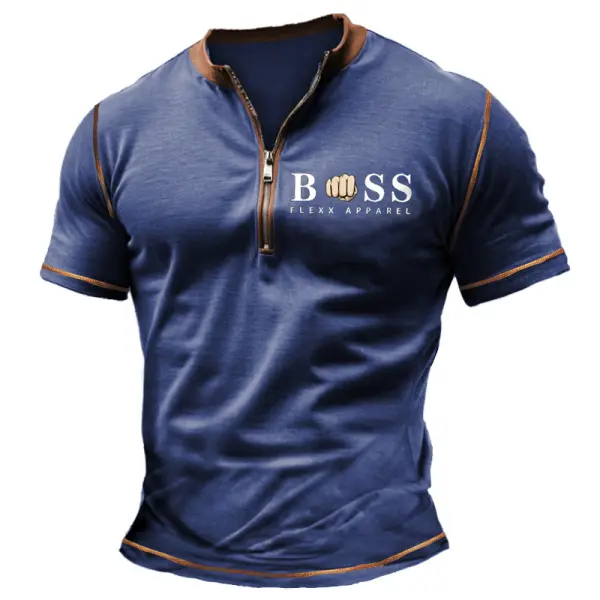Men's Vintage Boss Color Block Zipper Henley Collar T-Shirt - Spiretime.com 
