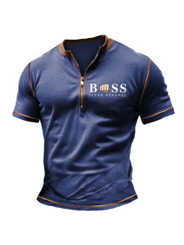 Men's Vintage Boss Color Block Zipper Henley Collar T-Shirt - Ootdmw.com 
