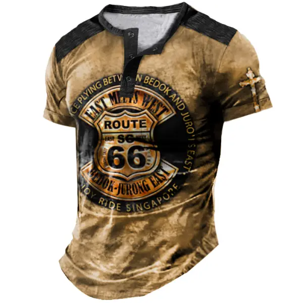 Route 66 Cross Men's Henley T-Shirt Vintage Distressed Color Block Daily Tops - Manlyhost.com 
