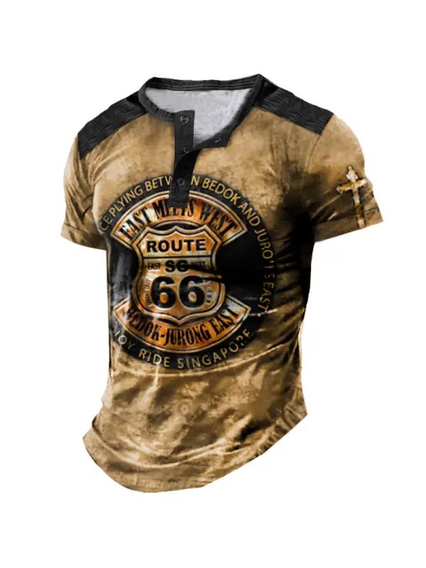 Route 66 Cross Men's Henley T-Shirt Vintage Distressed Color Block Daily Tops - Anrider.com 