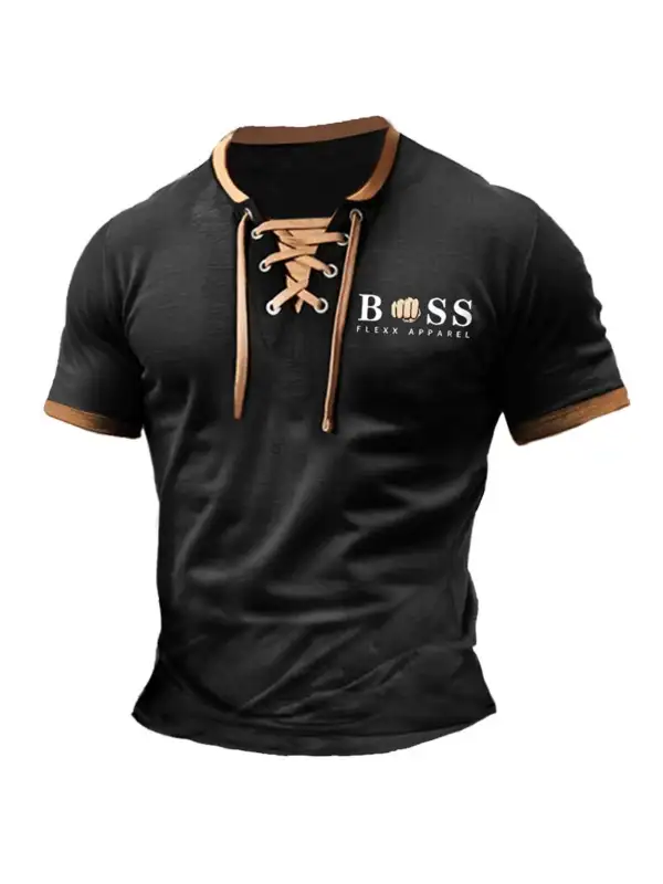 Men's T-Shirt Boss Vintage Lace-Up Short Sleeve Color Block Summer Daily Tops - Ootdmw.com 