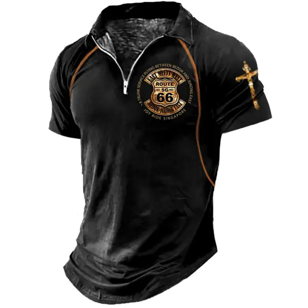 Route 66 CrossMen's Zipper Polo Shirt Vintage Outdoor Color Block Short Sleeve Summer Daily Tops - Dozenlive.com 