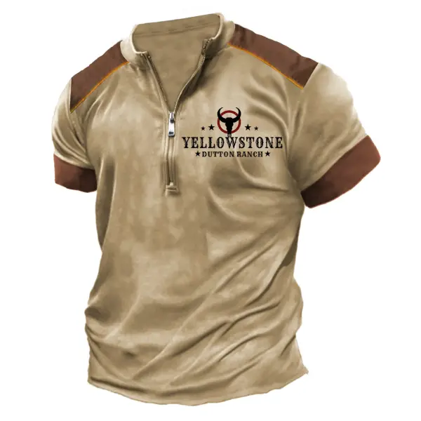 Men's Vintage Yellowstone Color Block Zipper Henley Collar T-Shirt - Elementnice.com 