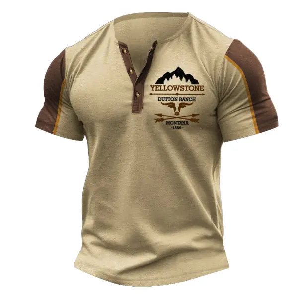 Men's Vintage Yellowstone Western Color Block Henley Short Sleeve T-Shirt - Elementnice.com 