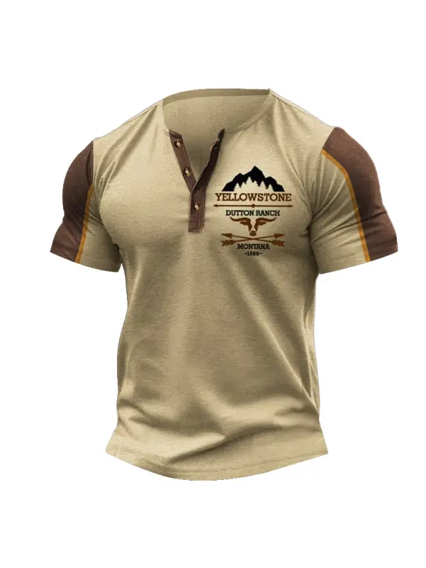 Men's Vintage Yellowstone Western Color Block Henley Short Sleeve T-Shirt - Ootdmw.com 