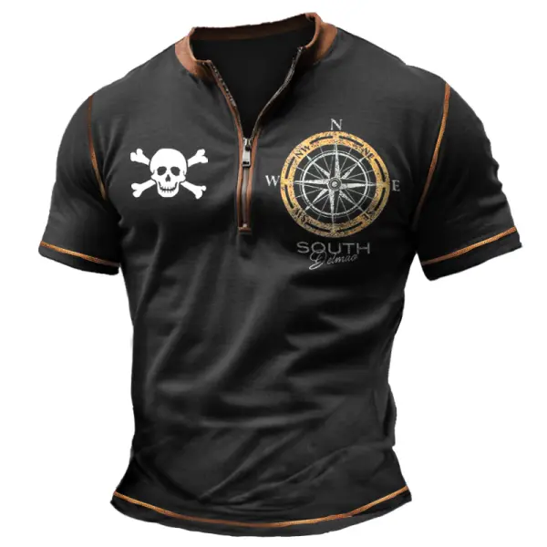 Men's Vintage Nautical Compass Skull Color Block Zipper Henley Collar T-Shirt - Elementnice.com 