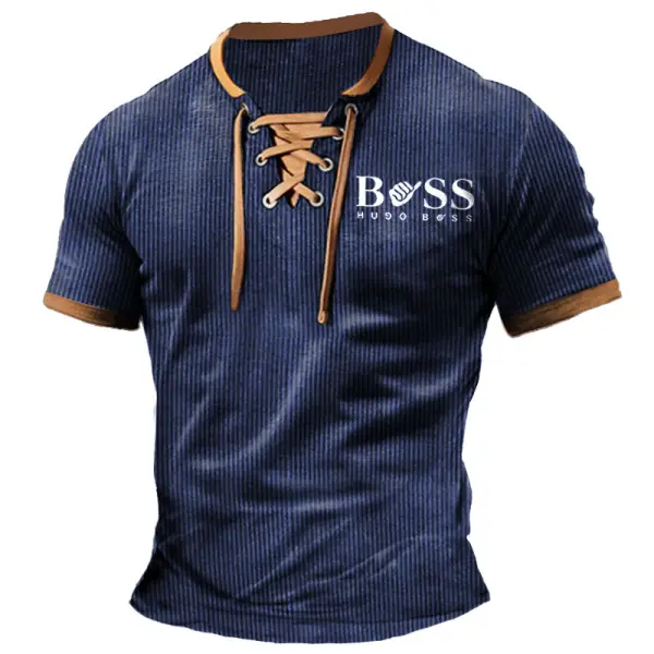 Men's T-Shirt Boss Ribbed Lightweight Corduroy Vintage Lace-Up Short Sleeve Color Block Summer Daily Tops - Cotosen.com