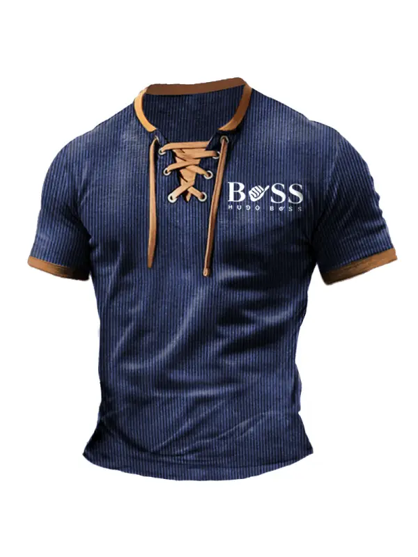 Men's T-Shirt Boss Ribbed Lightweight Corduroy Vintage Lace-Up Short Sleeve Color Block Summer Daily Tops - Ootdmw.com 
