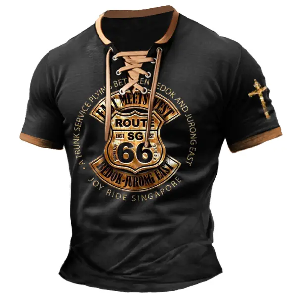 Men's T-Shirt Route 66 Cross Vintage Lace-Up Short Sleeve Color Block Summer Daily Tops - Cotosen.com