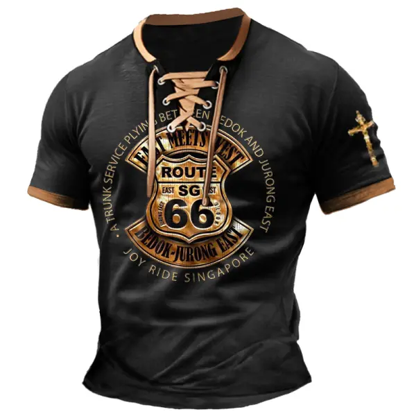 Men's T-Shirt Route 66 Cross Vintage Lace-Up Short Sleeve Color Block Summer Daily Tops - Manlyhost.com 