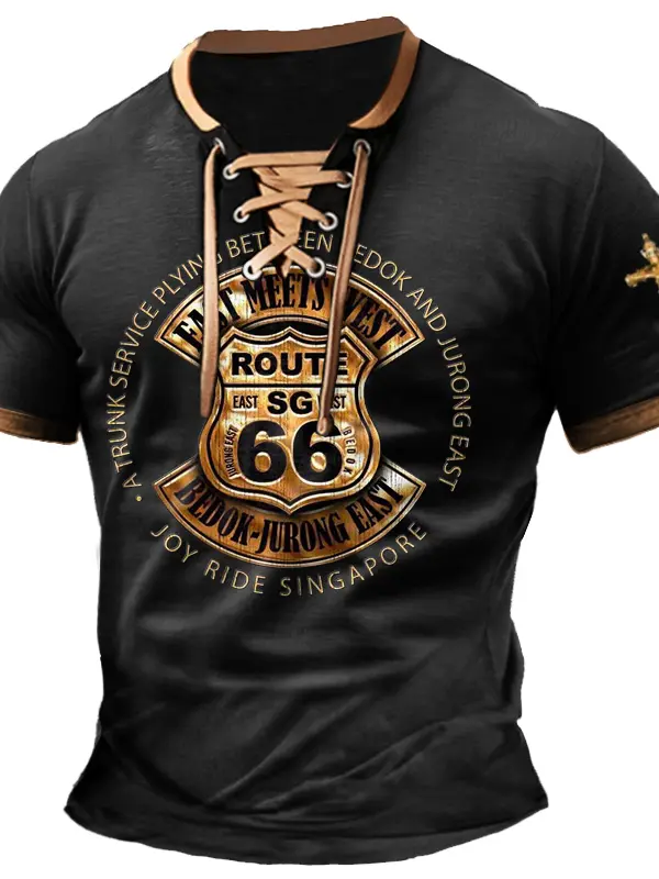 Men's T-Shirt Route 66 Cross Vintage Lace-Up Short Sleeve Color Block Summer Daily Tops - Menwyx.com 