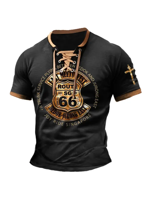 Men's T-Shirt Route 66 Cross Vintage Lace-Up Short Sleeve Color Block Summer Daily Tops - Spiretime.com 