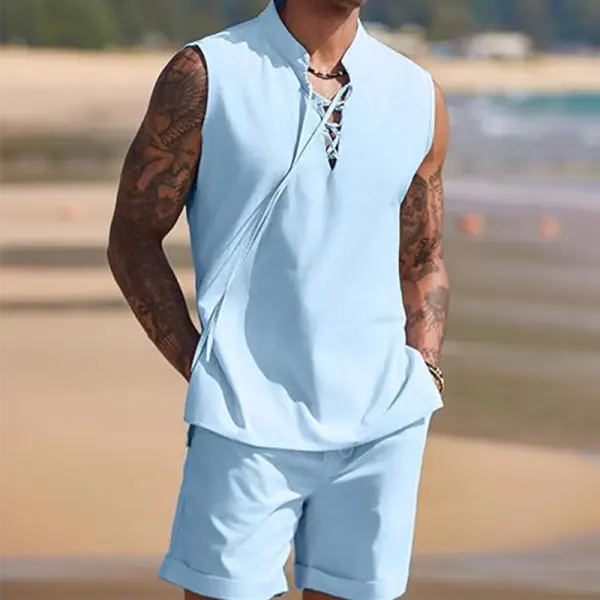 Men's Outdoor Leisure Beach Vacation Drawstring Neckline Linen Sets Only $44.99 - Elementnice.com 