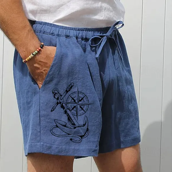 Men's Nautical Compass Printed Drawstring Linen Shorts - Elementnice.com 