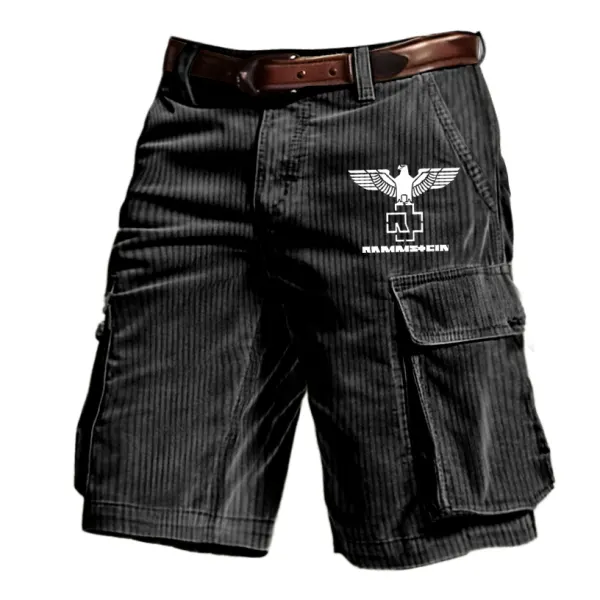Men's Corduroy Rammstein Rock Band Print Outdoor Vintage Multi Pocket Shorts - Dozenlive.com 
