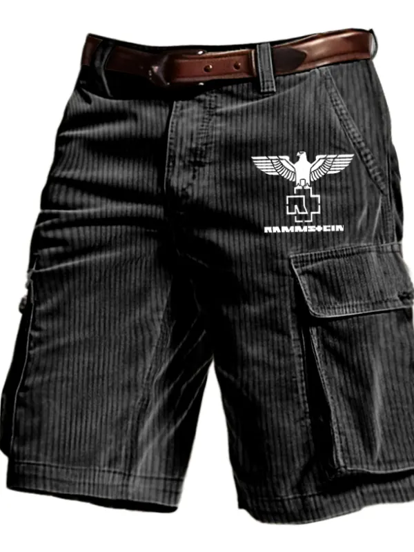 Men's Corduroy Rammstein Rock Band Print Outdoor Vintage Multi Pocket Shorts - Menwyx.com 