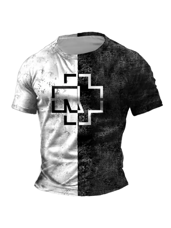 Men's Vintage Rammstein Rock Band Black And White Print Daily Short Sleeve Crew Neck T-Shirt - Ootdmw.com 
