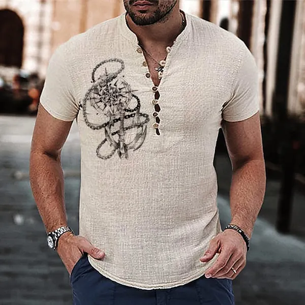 Men's Nautical Compass Printed V-neck Button Linen Shirt Top - Manlyhost.com 