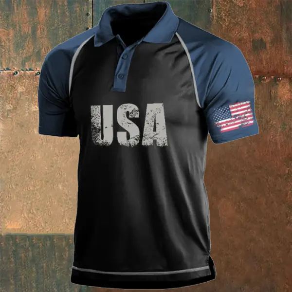 Men's American Flag Vintage Printed Patchwork Contrasting Polo Shirt Only $24.99 - Cotosen.com 
