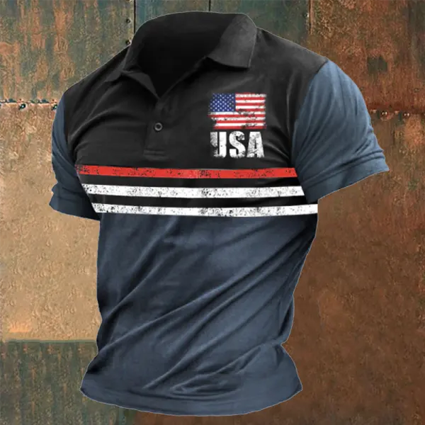 Men's American Flag Vintage Printed Patchwork Contrasting Polo Shirt - Cotosen.com 