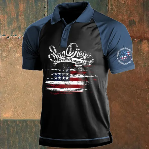 Men's American Flag Printed Patchwork Contrasting Polo Shirt - Cotosen.com 