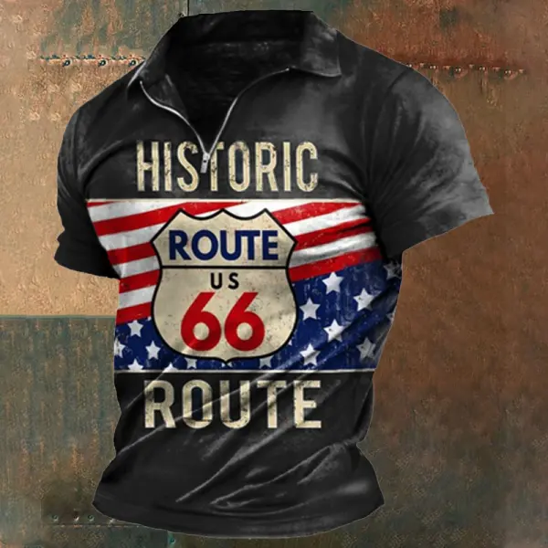 Men's Vintage America Route 66 Print Zip Neck T-Shirt - Elementnice.com 