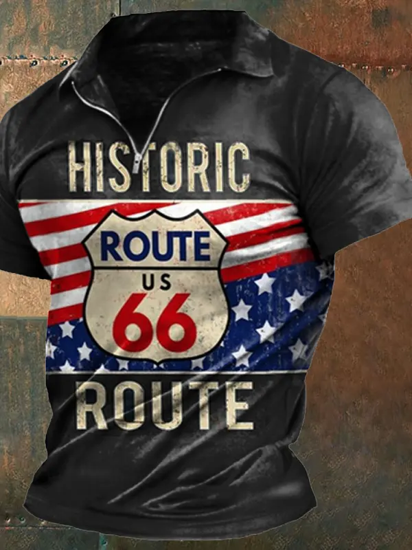 Men's Vintage America Route 66 Print Zip Neck T-Shirt - Menwyx.com 