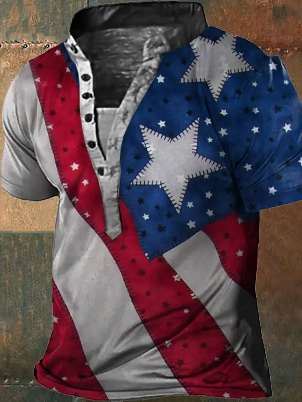American Flag Print Men's Vintage Henley Collar T-Shirt - Menbarn.com 