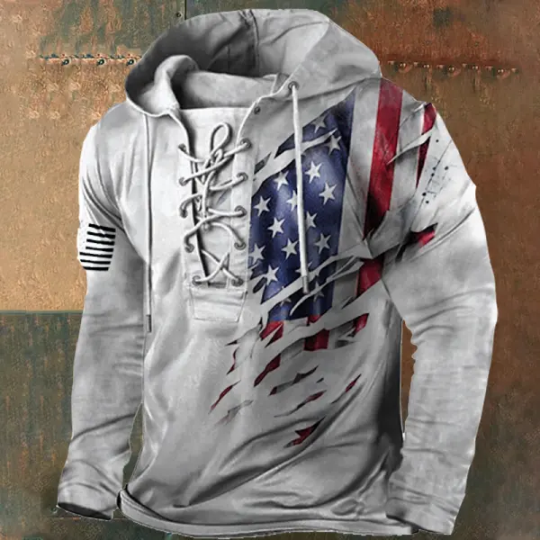 Men's Vintage American Flag Lace-Up Hooded Long Sleeve T-Shirt 