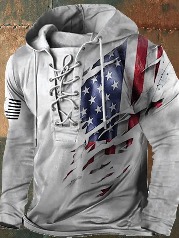 Men's Vintage American Flag Lace-Up Hooded Long Sleeve T-Shirt 