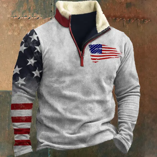 Men's American Flag Colorblock Zipper Stand Collar Sweatshirt - Cotosen.com 