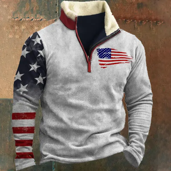 Men's American Flag Colorblock Zipper Stand Collar Sweatshirt - Elementnice.com 