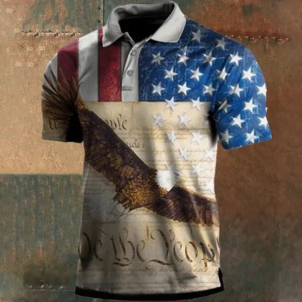 Men's Outdoor American Flag Eagle Print Polo Neck T-Shirt - Elementnice.com 